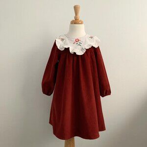 NWT Pretty Girls Long Sleeve Corduroy Dress Cross Stitch Embroidery Burgundy 4T